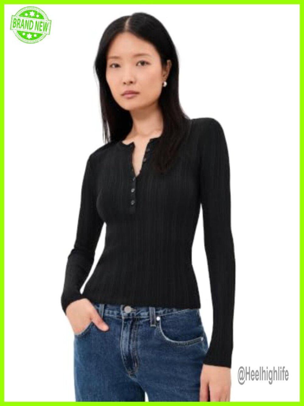 Z Supply Rowena Fine Knit Tee Henley Neck Long Sleeve Ribbed Jersey Top